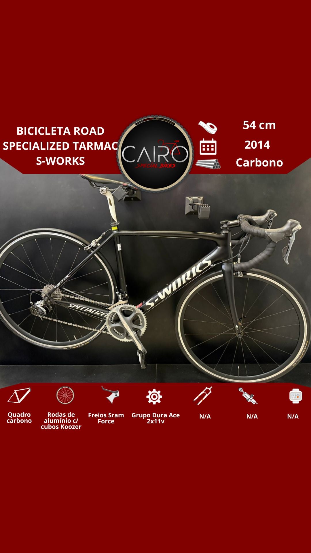 Bicicleta Specialized Tarmac S-Works Carbono - Dura-Ace 11v - Rodas Zipp 50mm - Tamanho 54