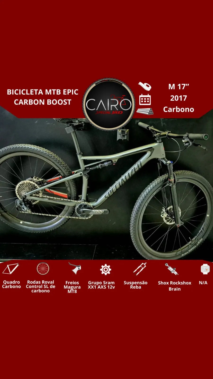 Bicicleta Specialized Epic Carbon - SRAM XX1 AXS - Rodas Roval Control SL - 2017