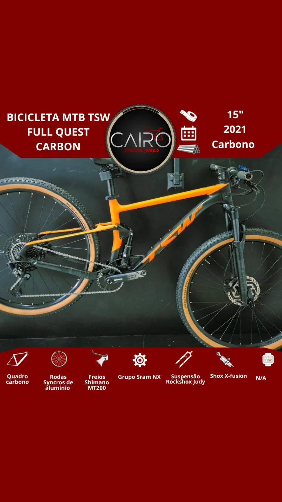Bicicleta TSW Quest Full Suspension Carbono - SRAM NX 12v - Rodas Syncros - Tamanho 15